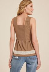 Crochet Trim Peplum Tank Top, TAN, small