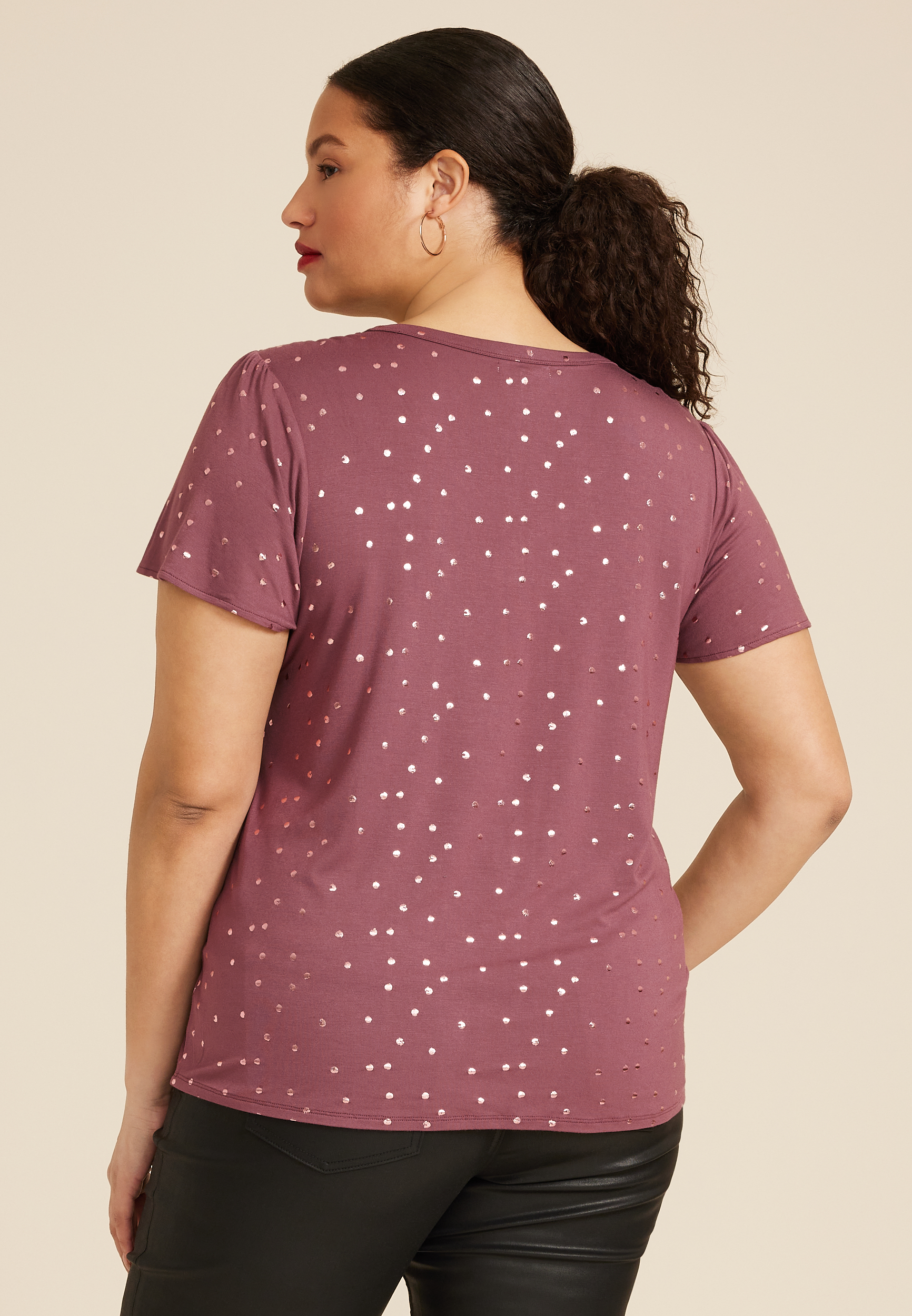 Plus Size Polka Dot Flutter Sleeve Tee, C3218, large