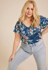 Plus Size Floral Flutter Sleeve Tee, WASHED NAVY COMBO, small