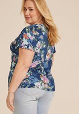 Plus Size Floral Flutter Sleeve Tee, WASHED NAVY COMBO, small