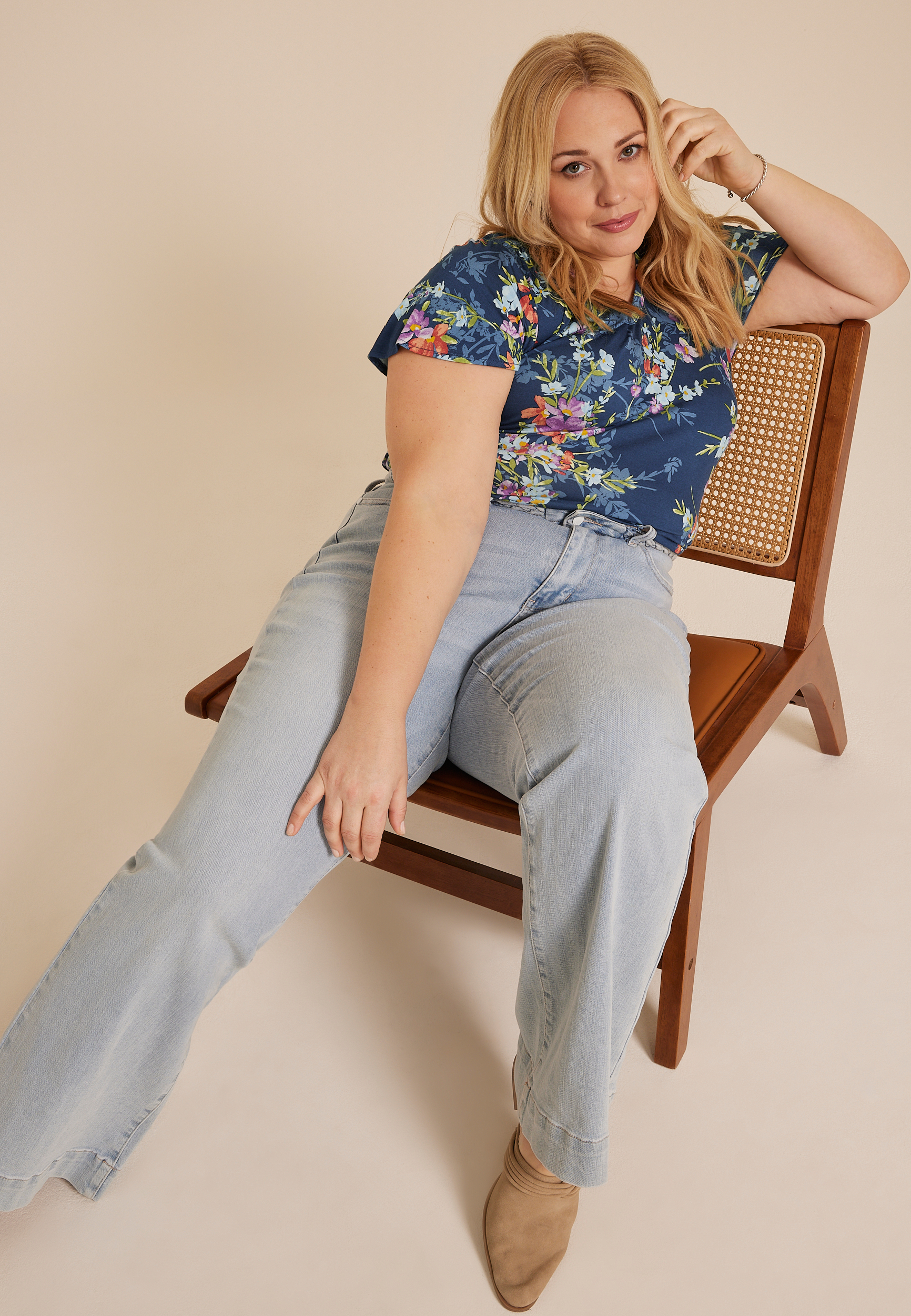 Plus Size Floral Flutter Sleeve Tee, WASHED NAVY COMBO, large