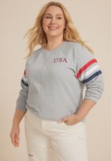 Plus Size Americana Embroidered Relaxed Fit Sweatshirt, LIGHT HEATHER GRAY, small