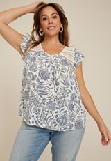 Plus Size Floral Crochet Embroidered Tie Front Blouse, , small