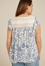 Plus Size Floral Crochet Embroidered Tie Front Blouse, , small