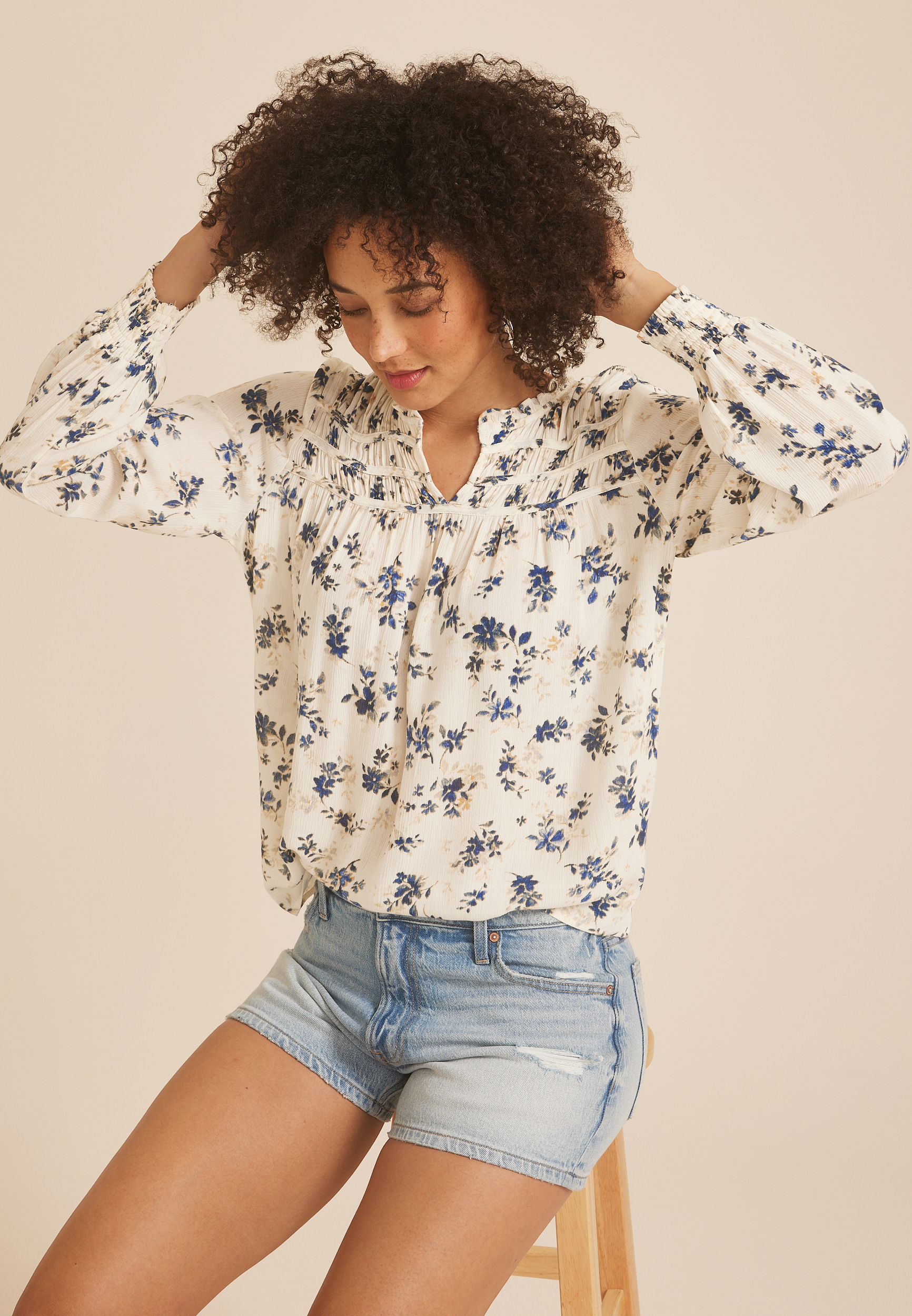 Floral Ruffle Trim Blouse, C1757, large