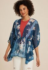 Blue Floral Tie Waist Kimono, C1772, small