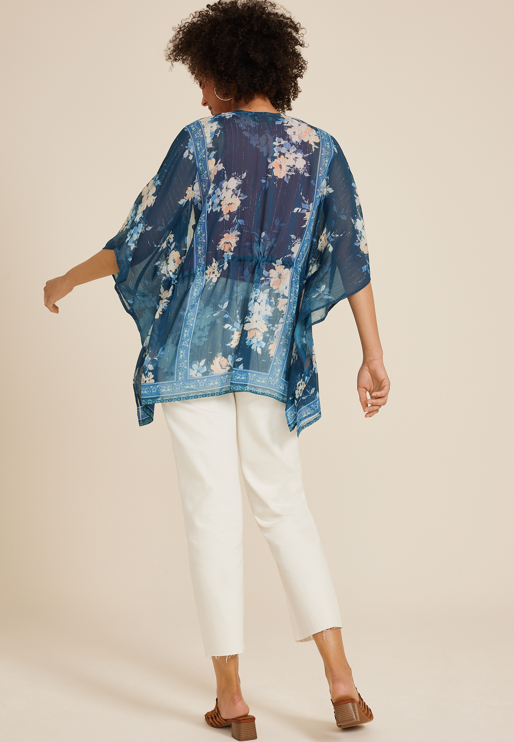 Blue Floral Tie Waist Kimono, C1772, large