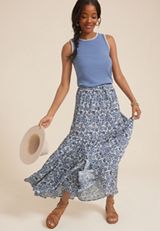 Printed High Rise Maxi Skirt, BLUE COMBO, small