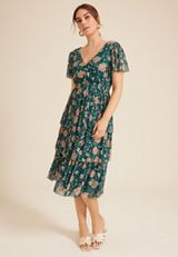 Floral Mesh Flutter Sleeve Midi Dress, C2255, small