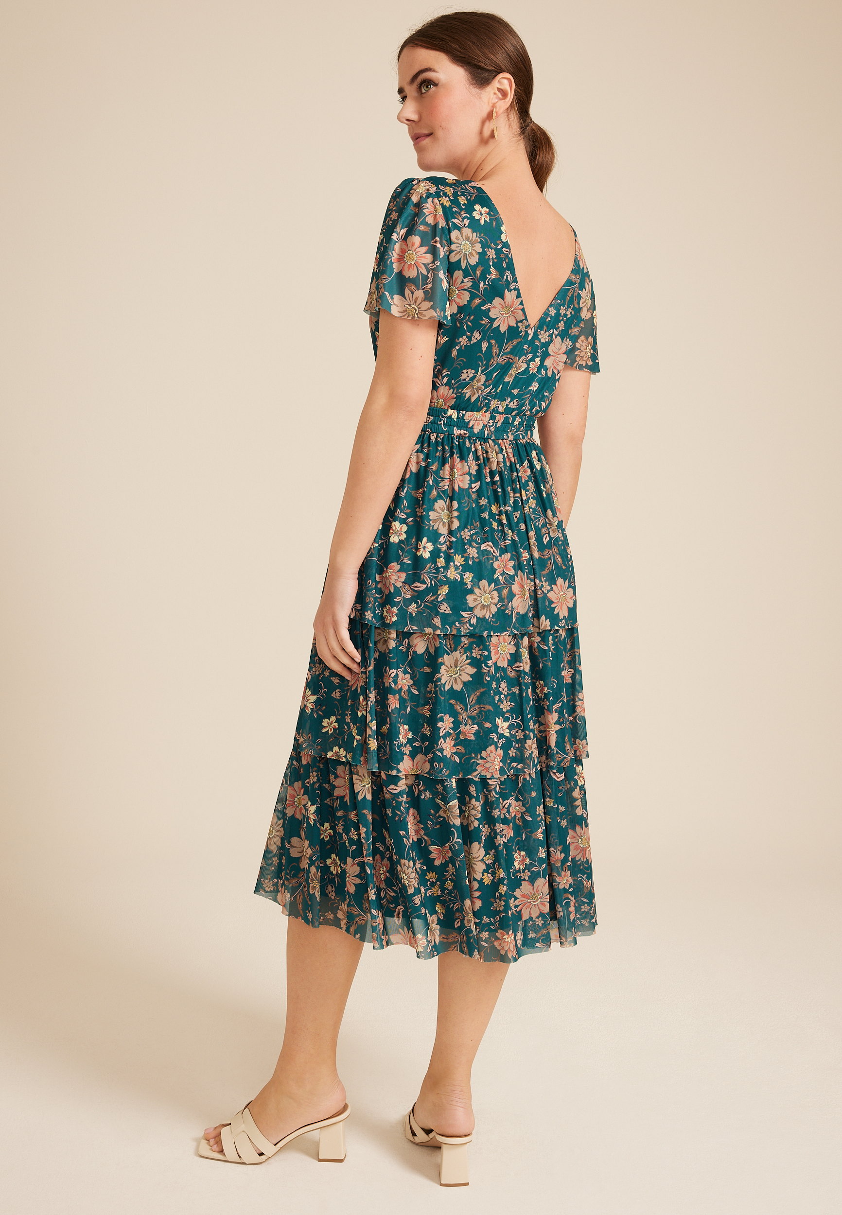 Floral Mesh Flutter Sleeve Midi Dress, C2255, large