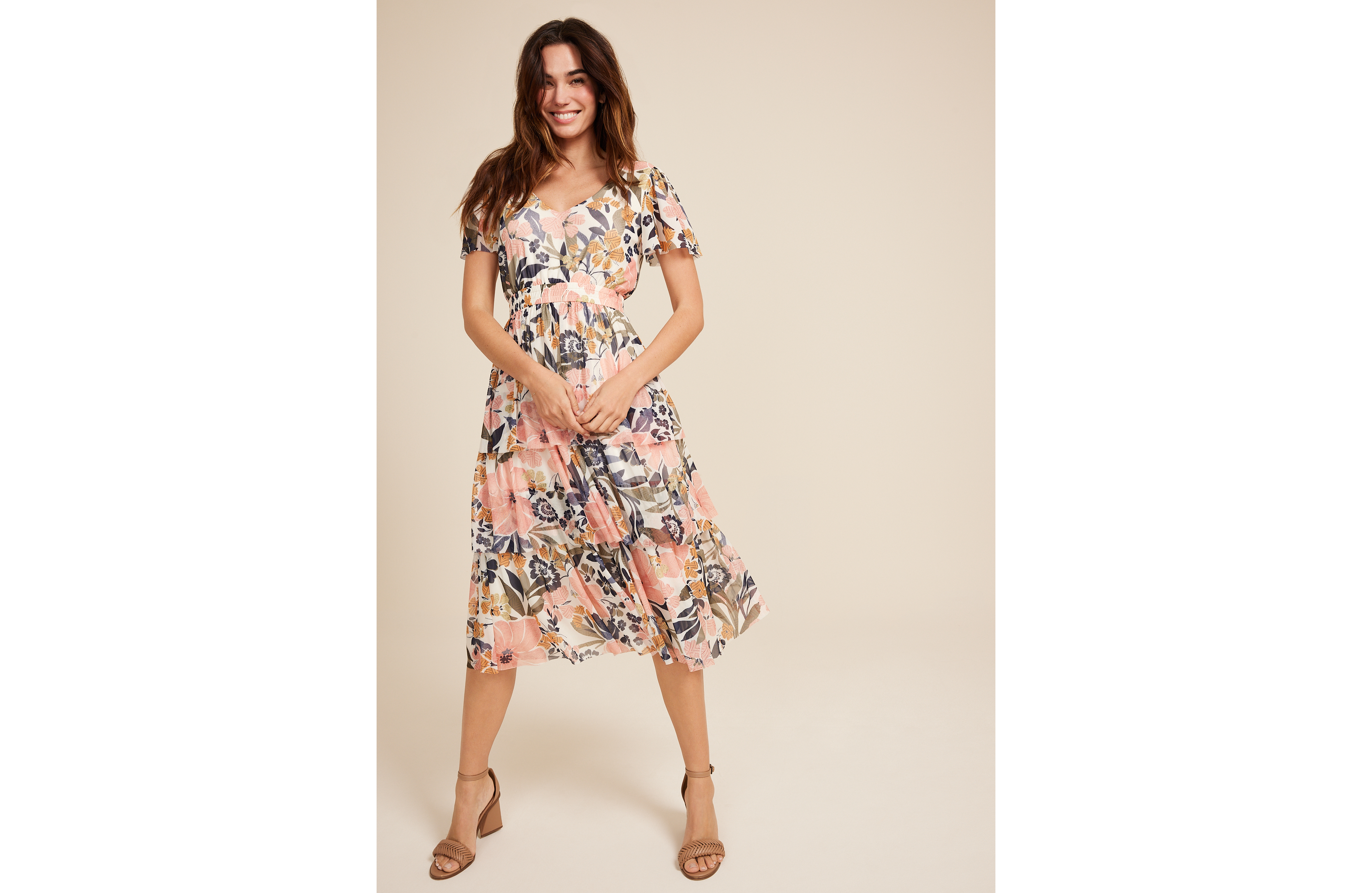 Floral Mesh Flutter Sleeve Midi Dress