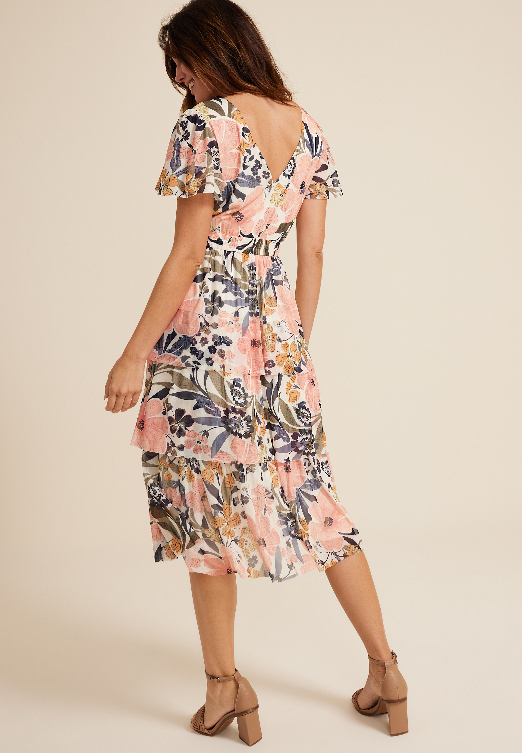 Floral Mesh Flutter Sleeve Midi Dress