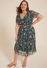Plus Size Floral Mesh Flutter Sleeve Midi Dress, Tapestry Combo, small