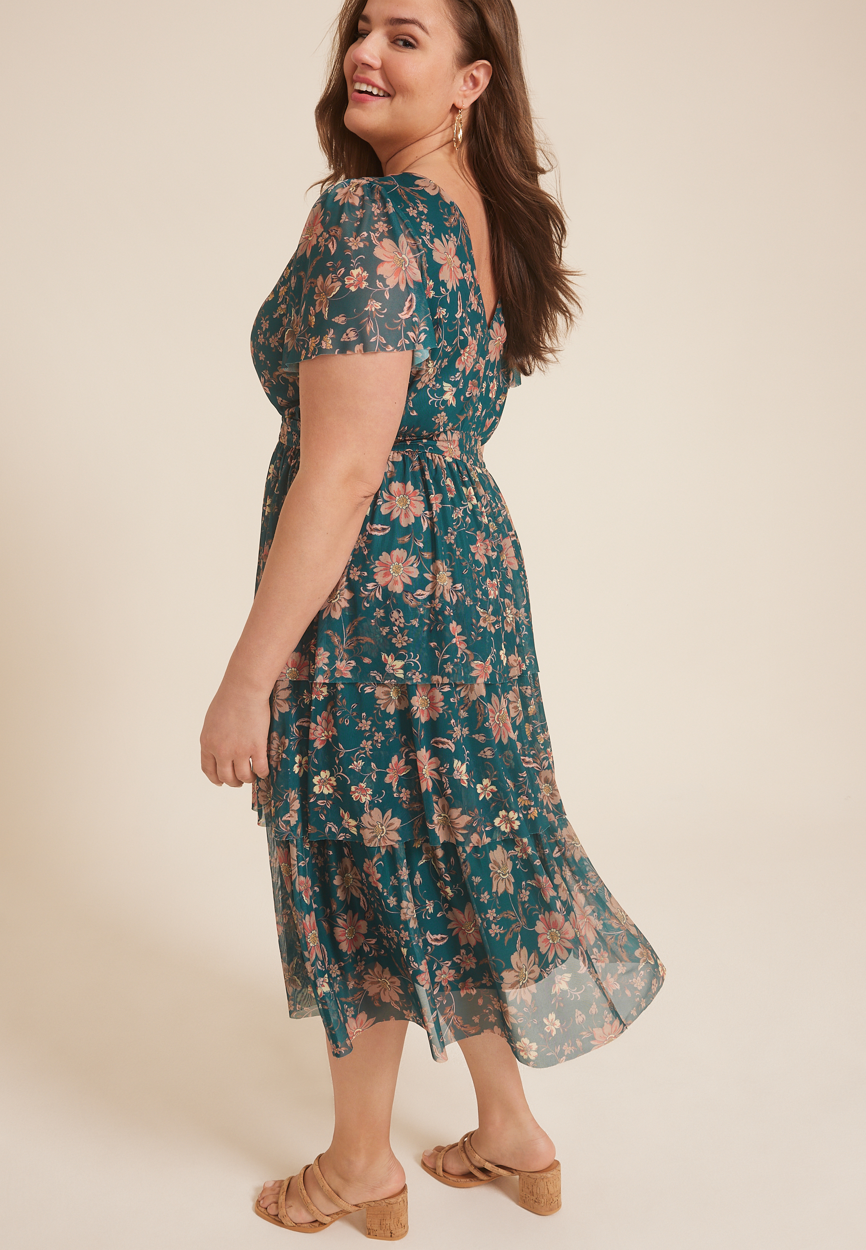 Plus Size Floral Mesh Flutter Sleeve Midi Dress, Tapestry Combo, large