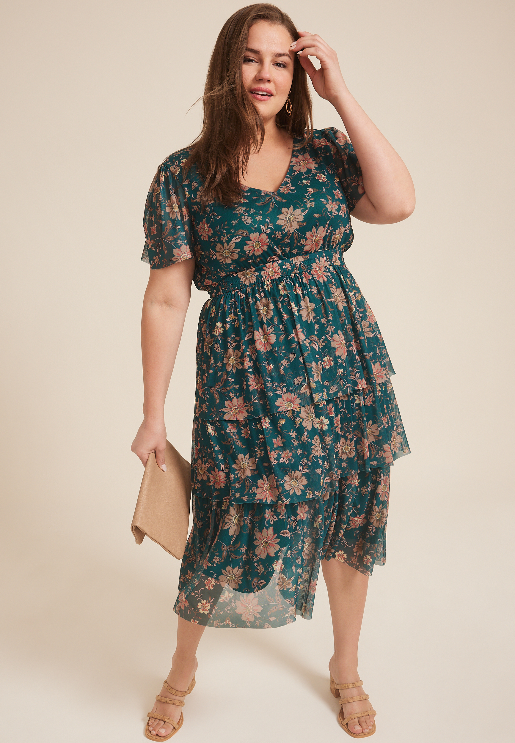Plus Size Floral Mesh Flutter Sleeve Midi Dress, Tapestry Combo, large