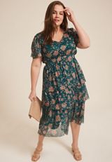 Plus Size Floral Mesh Flutter Sleeve Midi Dress, Tapestry Combo, small