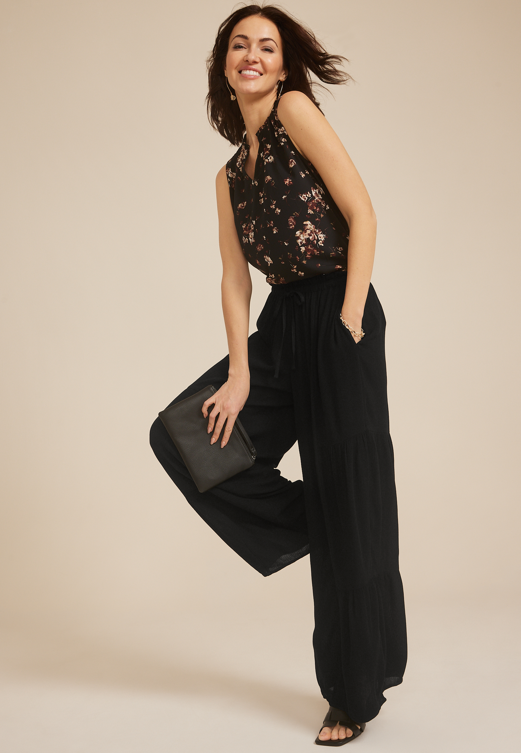 Tiered High Rise Palazzo Pant, , large