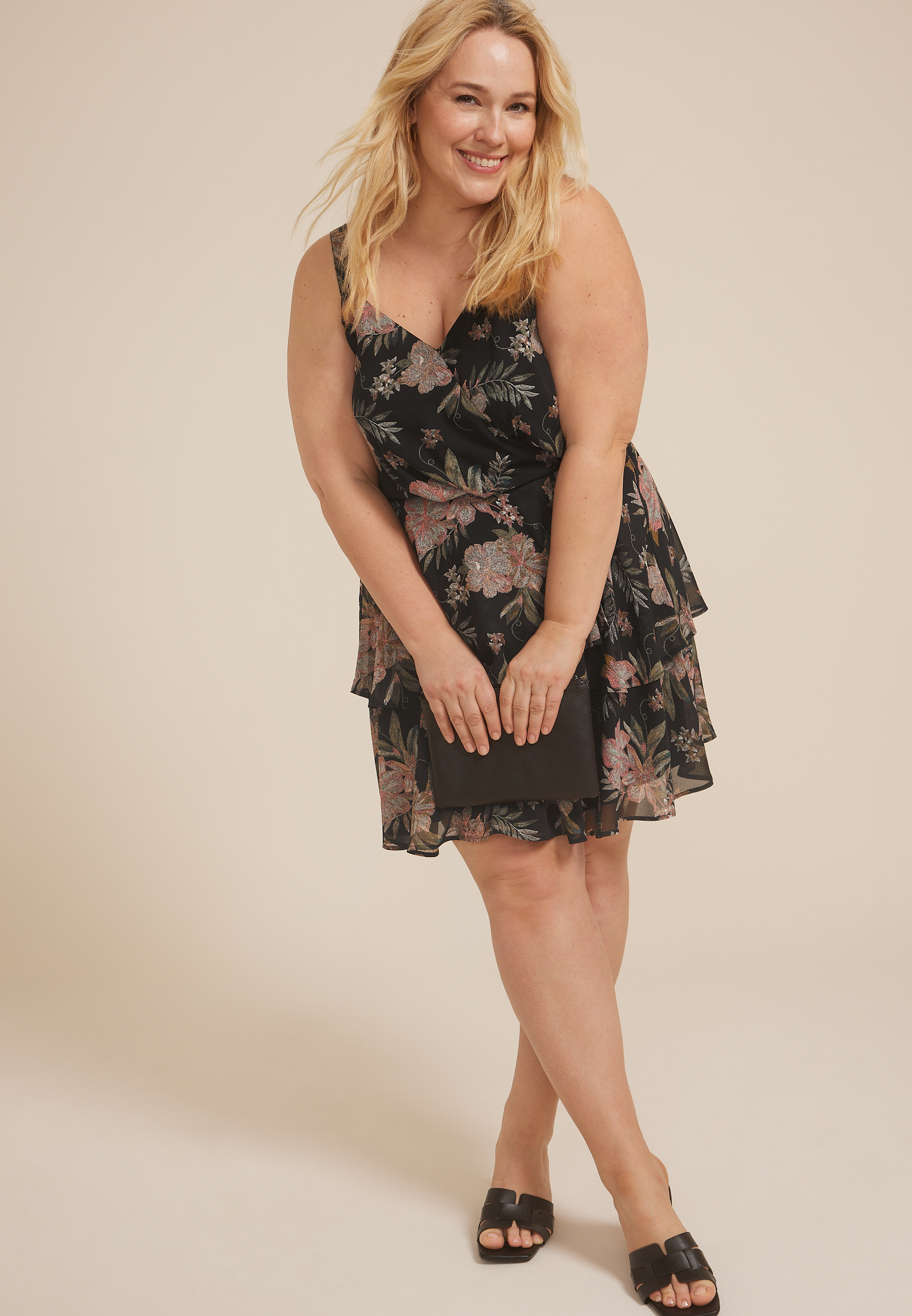 Plus Size Bare Surplice Floral Tiered Mini Dress, C1756, large