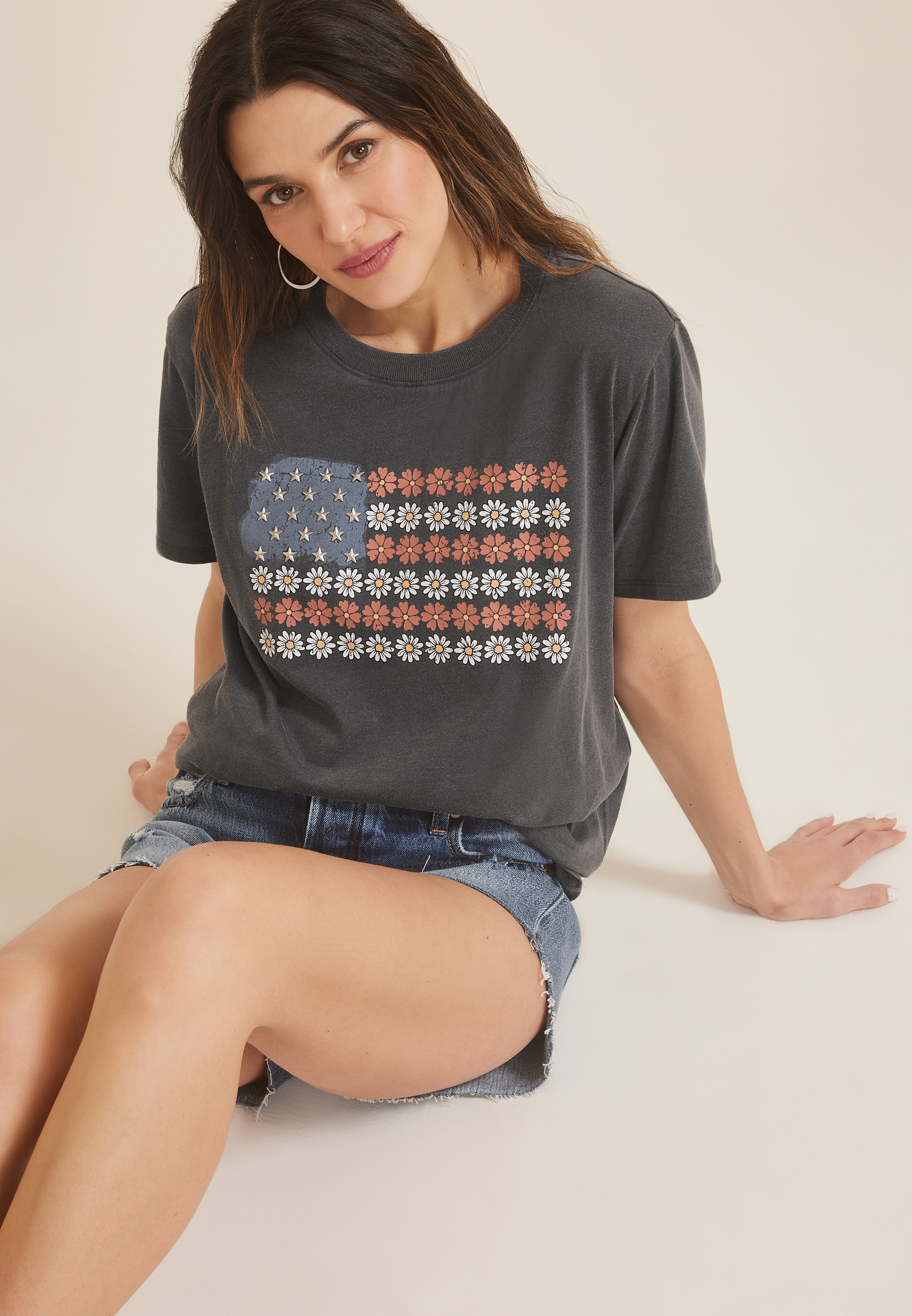 Americana Floral Star Studded Oversized Fit Graphic Tee, C125, large