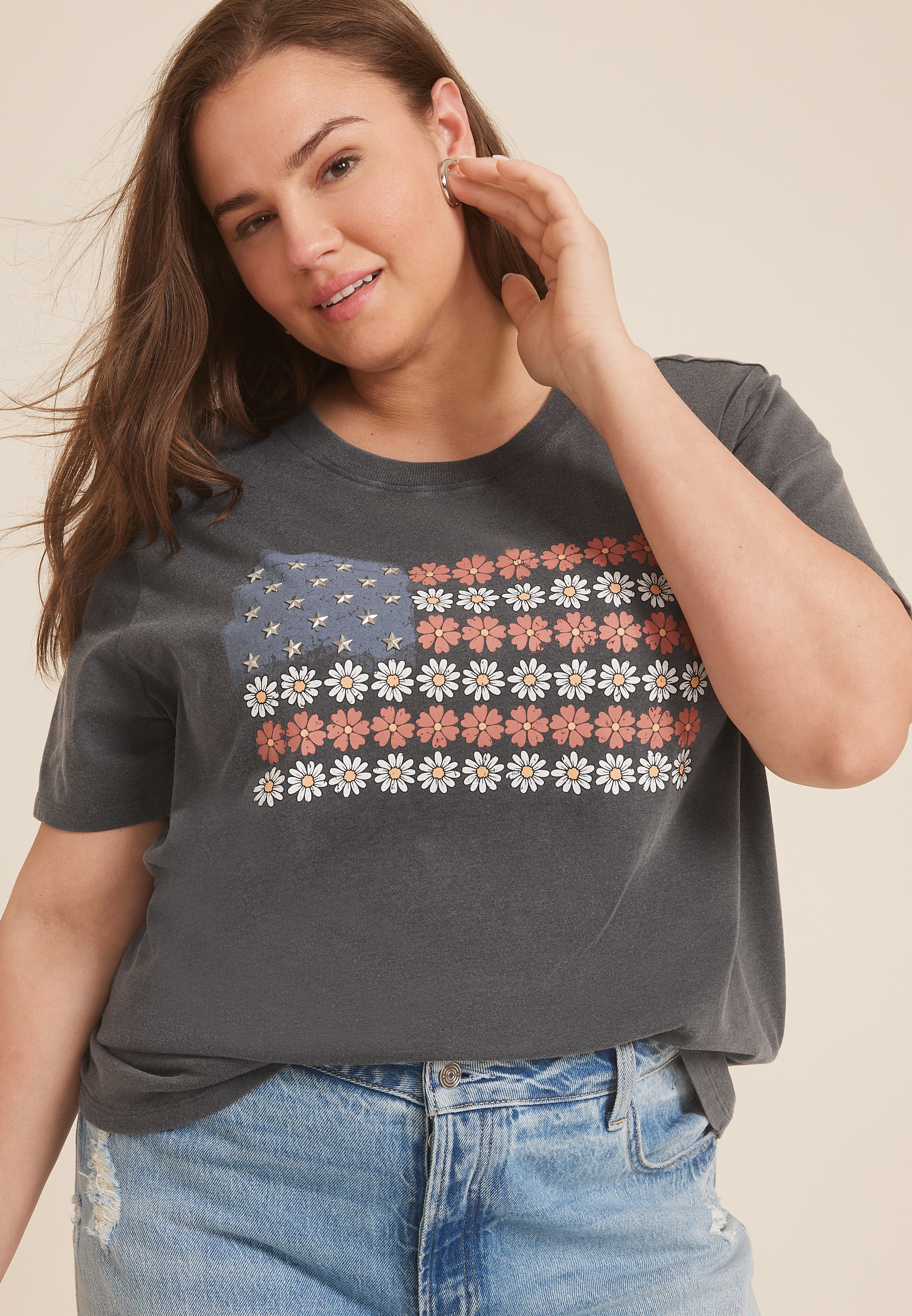 Plus Size Americana Floral Star Studded Oversized Fit Graphic Tee, C125, large