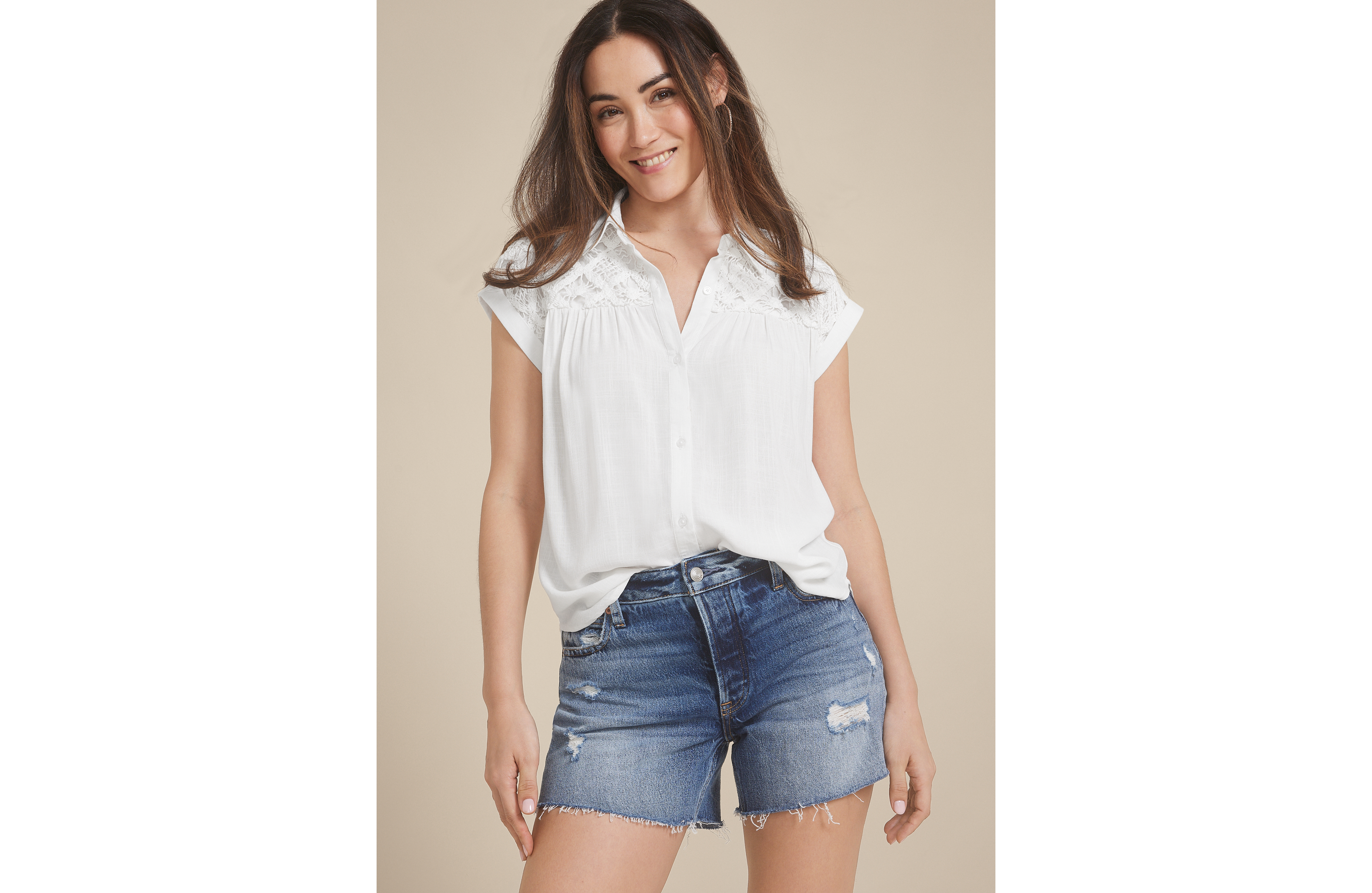 Crochet Yoke Dolman Short Sleeve Tee
