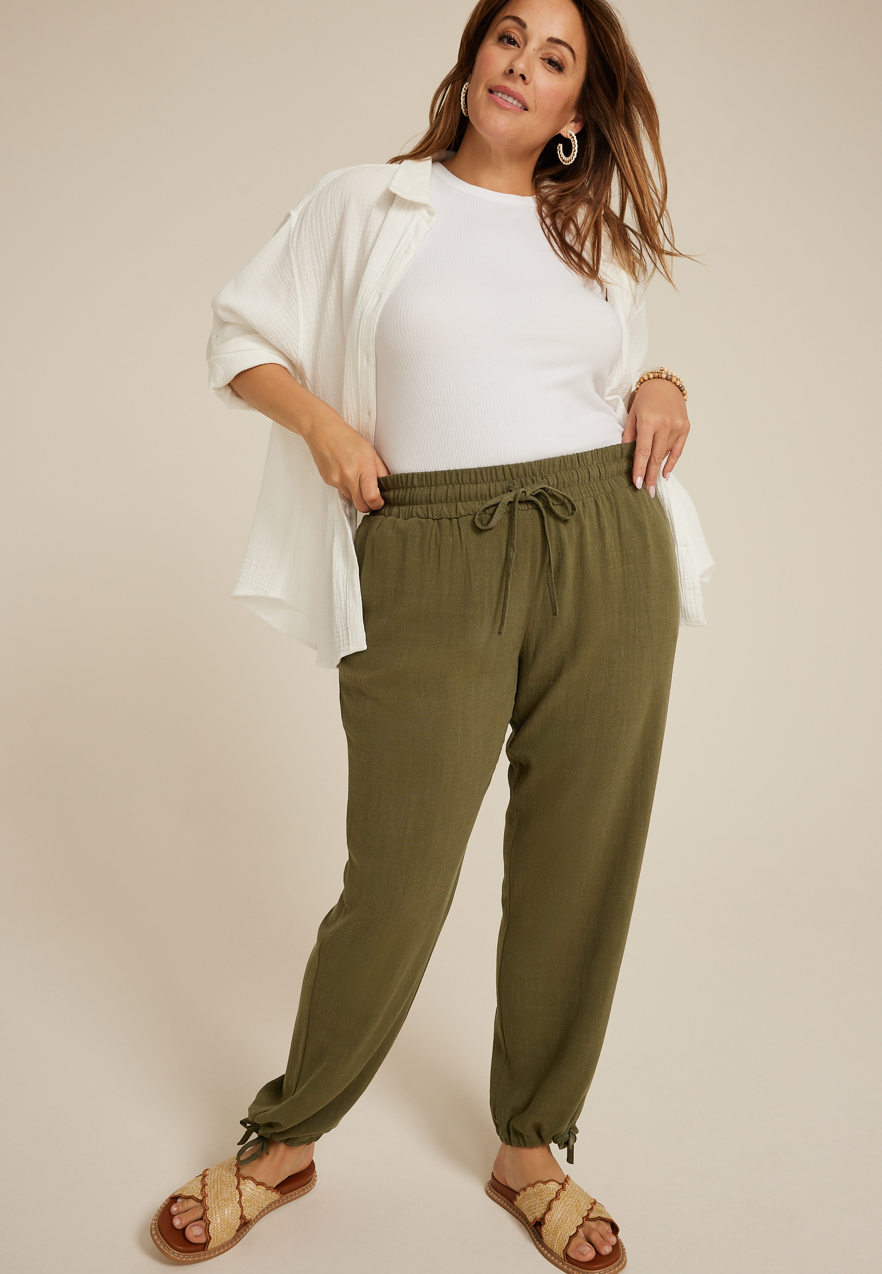Plus Size Linen Convertible Mid Rise Wide Leg Pant