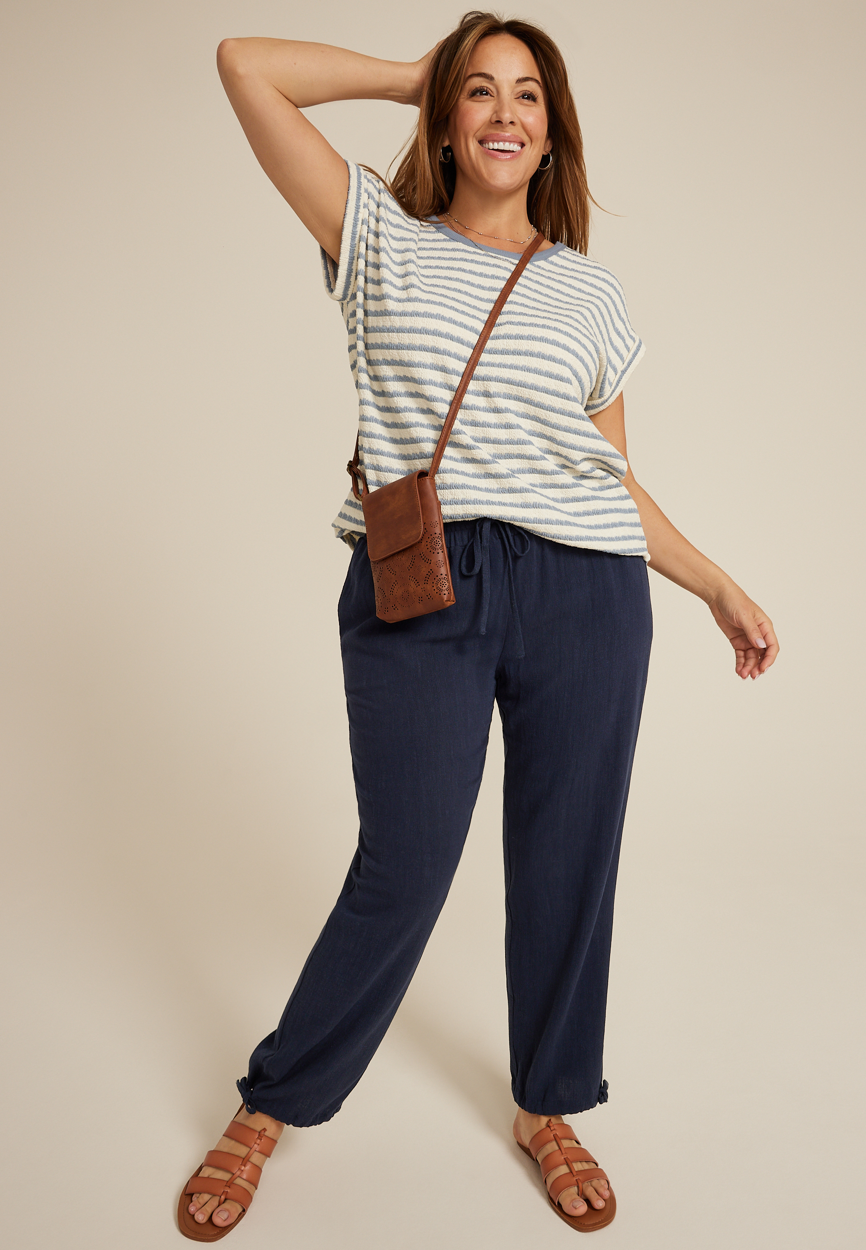 Plus Size Linen Convertible Mid Rise Wide Leg Pant