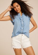 Denim Ruffle Trim Button Down Shirt, C1035, small