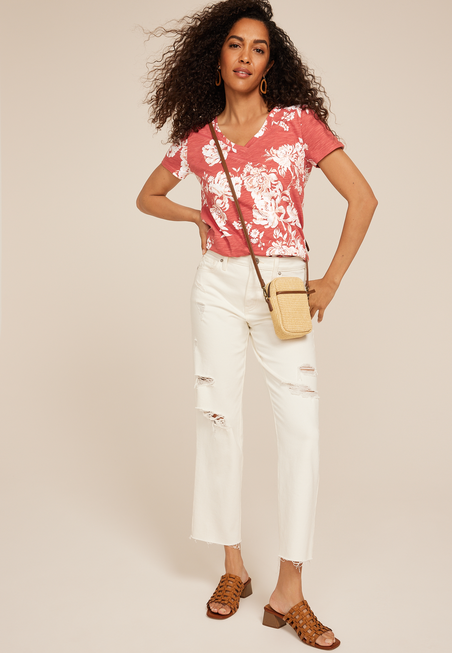 24/7 Dawson Floral V Neck Tee, Mineral Red Combo, large