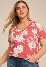 Plus Size 24/7 Dawson Floral V Neck Tee, Mineral Red Combo, small
