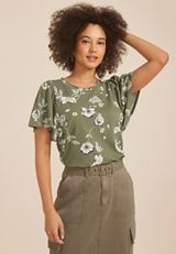 24/7 Charlotte Floral Flutter Sleeve Tee, Dried Thyme Combo, small