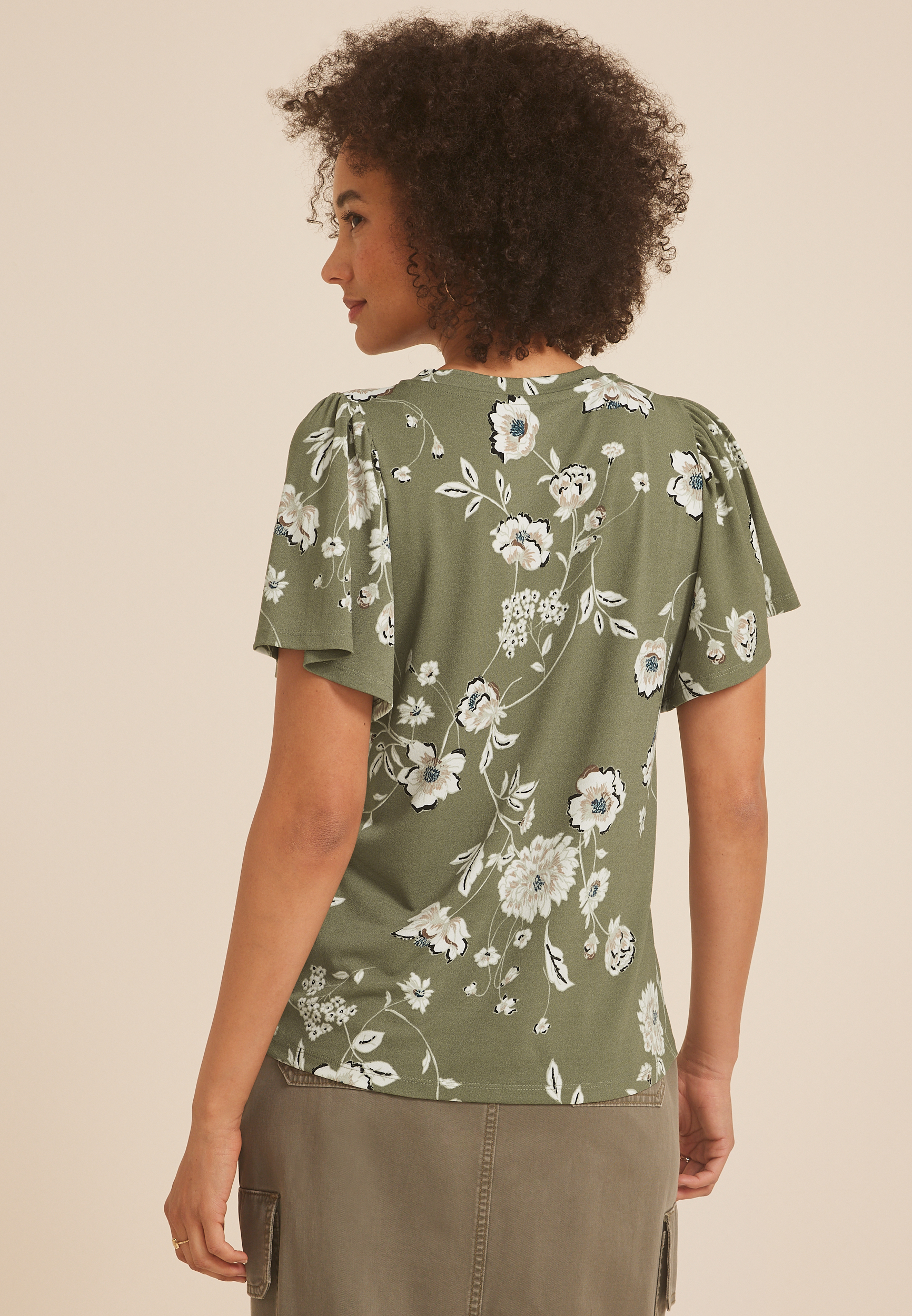 24/7 Charlotte Floral Flutter Sleeve Tee, Dried Thyme Combo, large