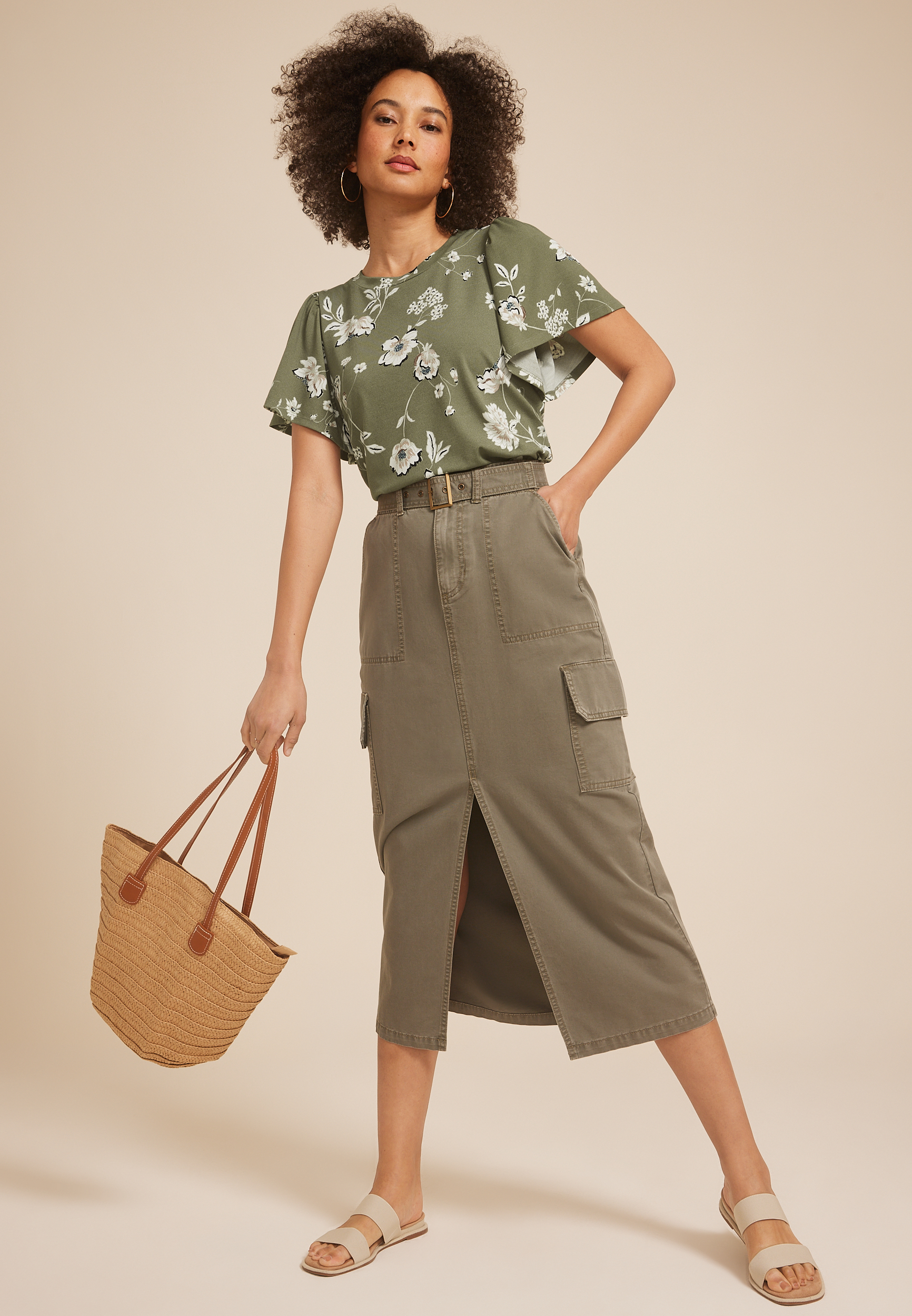 24/7 Charlotte Floral Flutter Sleeve Tee, Dried Thyme Combo, large