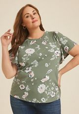 Plus Size 24/7 Charlotte Floral Flutter Sleeve Tee, Dried Thyme Combo, small