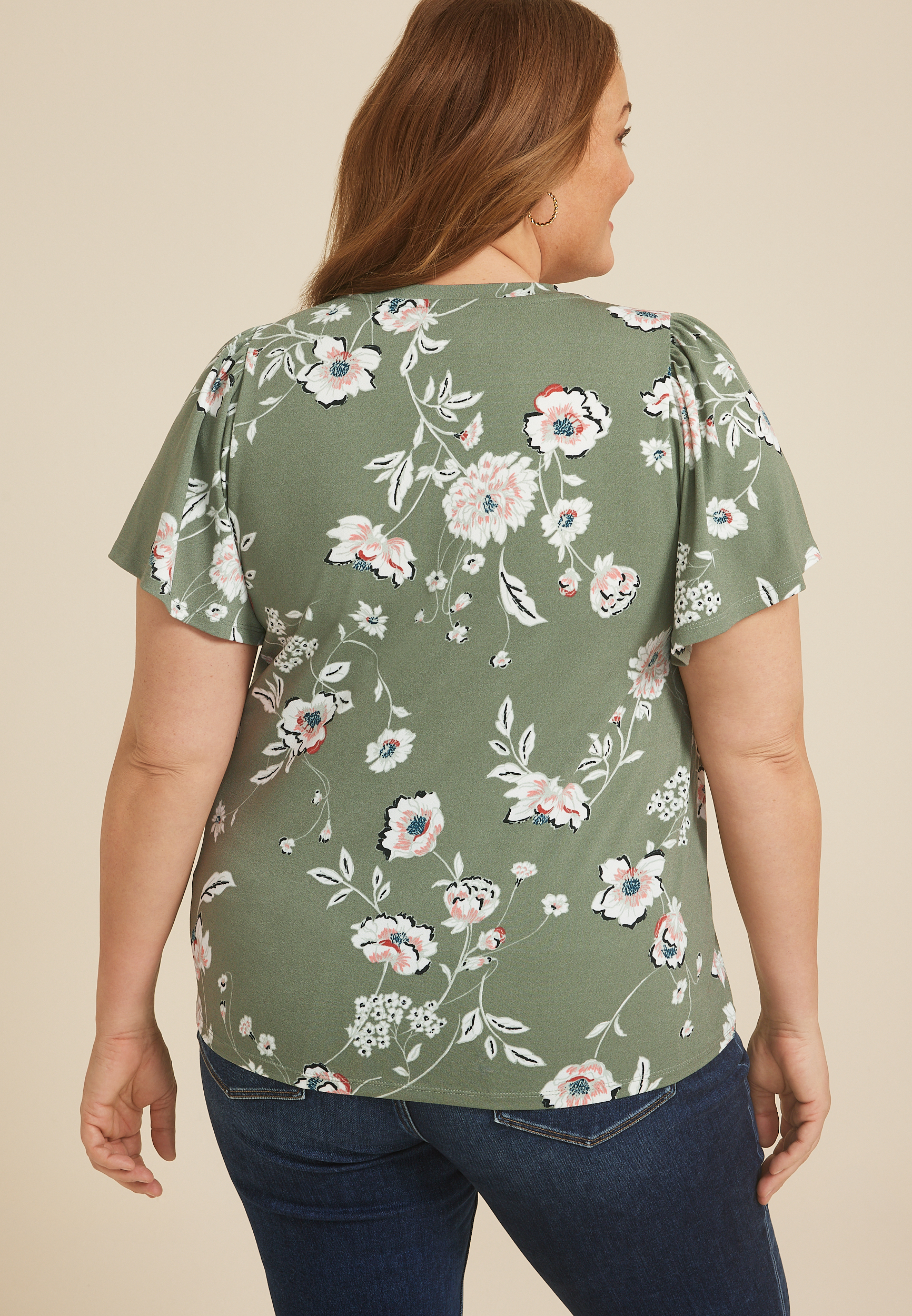 Plus Size 24/7 Charlotte Floral Flutter Sleeve Tee, Dried Thyme Combo, large