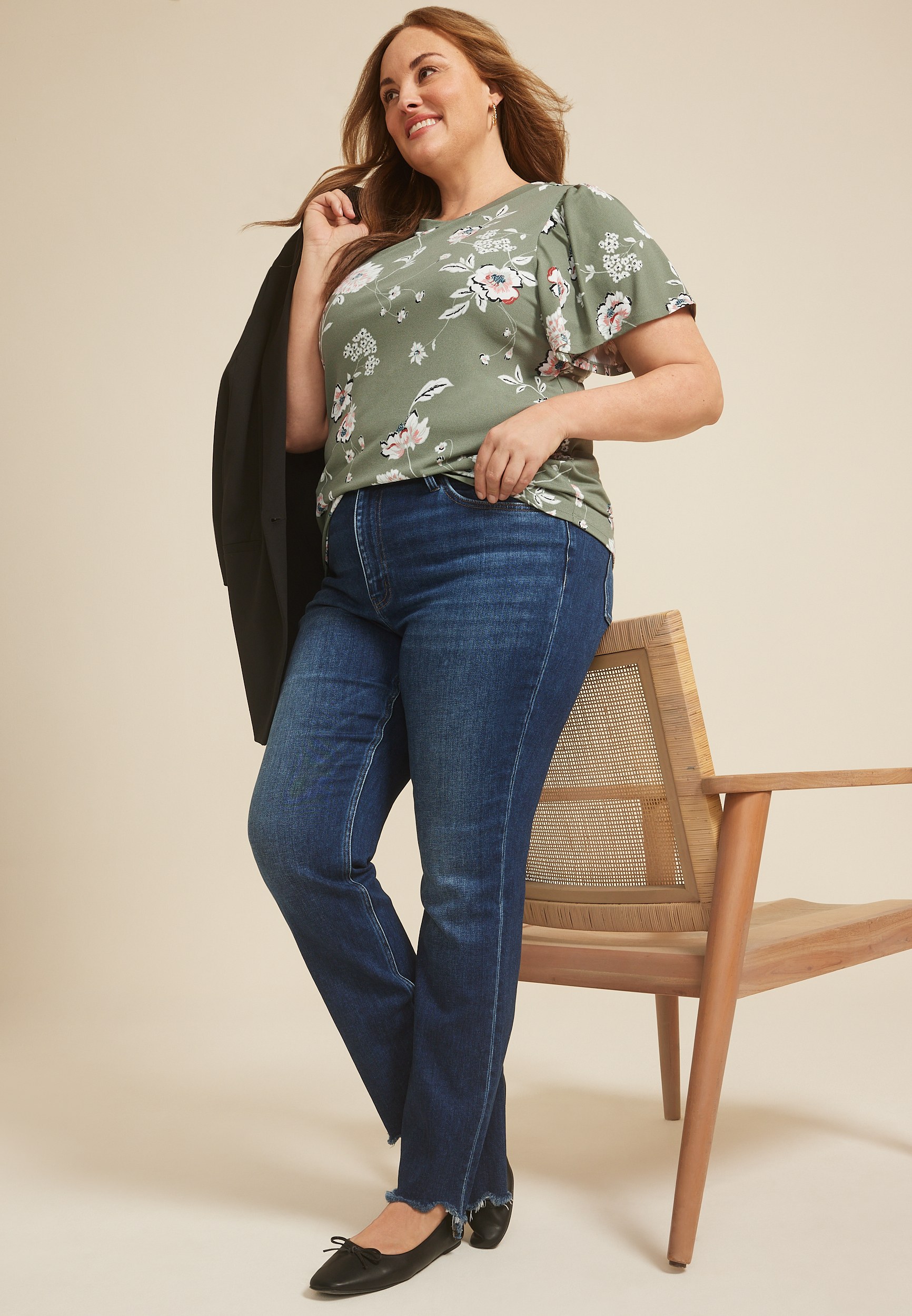 Plus Size 24/7 Charlotte Floral Flutter Sleeve Tee, Dried Thyme Combo, large