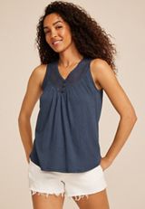 Embroidered Lace Yoke Henley Tank Top, BLUE GEMSTONE, small