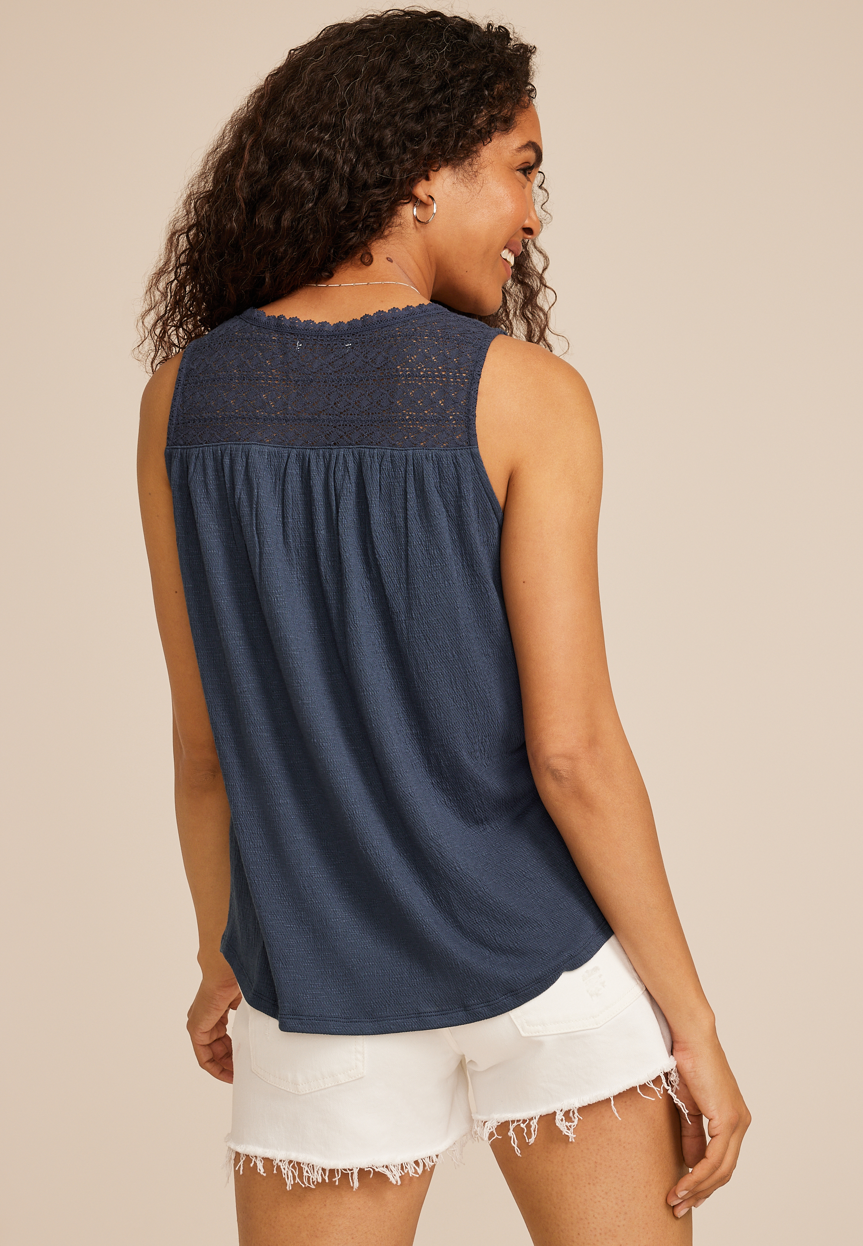 Embroidered Lace Yoke Henley Tank Top, BLUE GEMSTONE, large