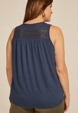 Plus Size Embroidered Lace Yoke Henley Tank Top, BLUE GEMSTONE, small