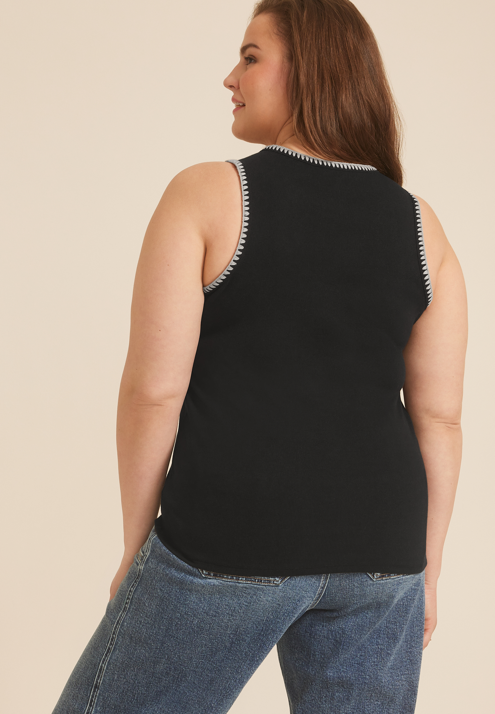 Plus Size Whipstitch Embroidered Tank Top, BLACK, large