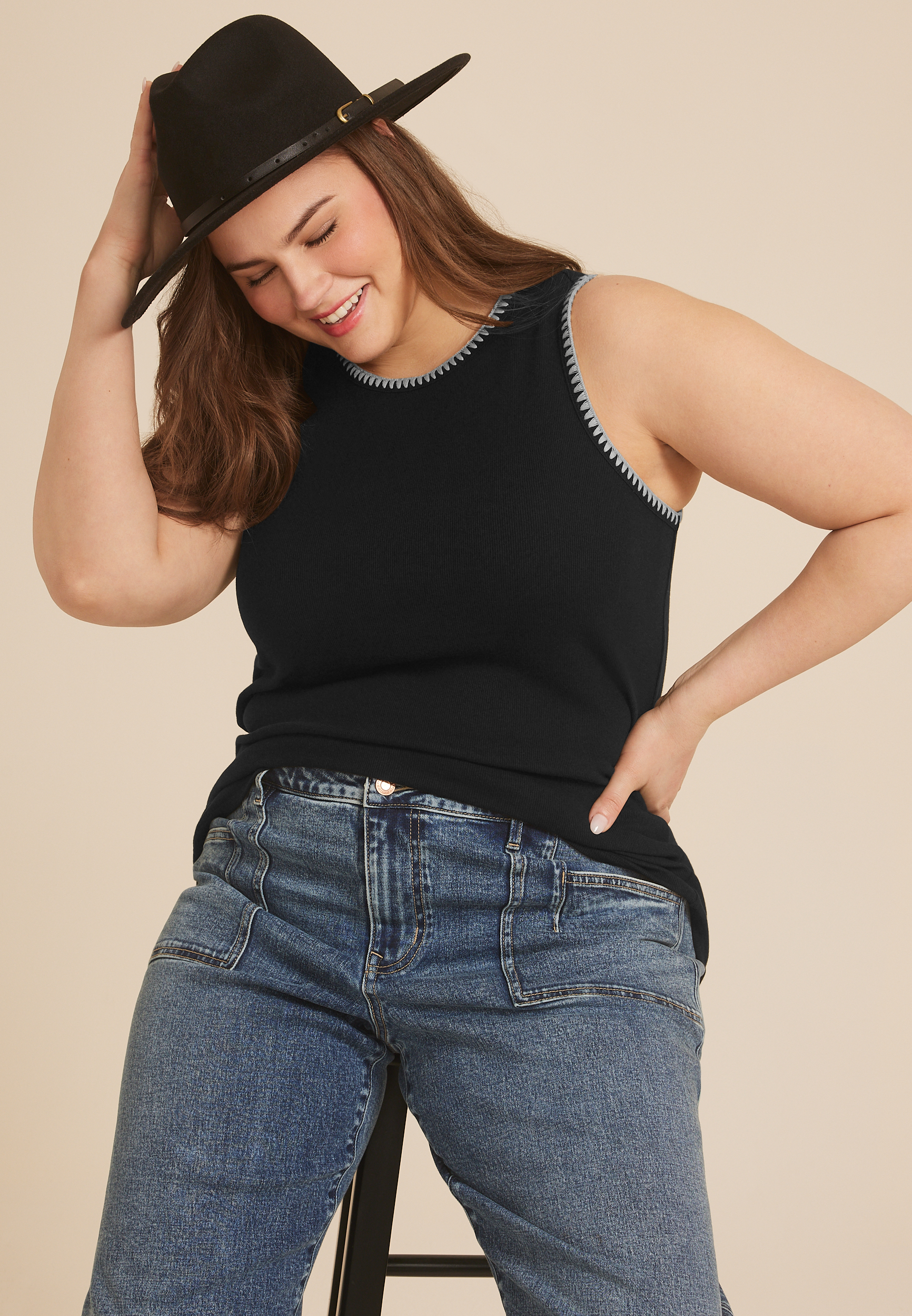 Plus Size Whipstitch Embroidered Tank Top, BLACK, large