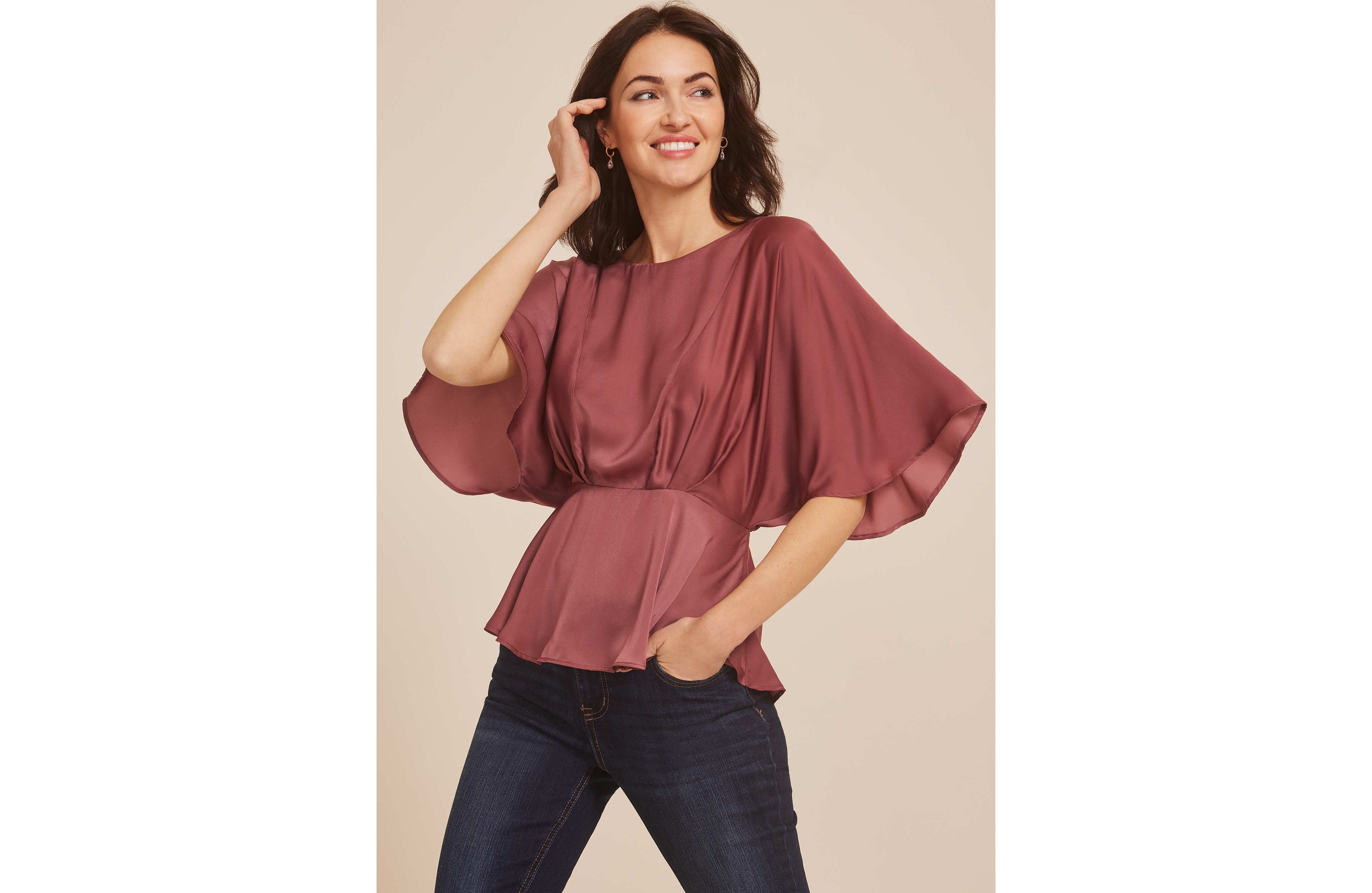 Satin Dolman Sleeve Peplum Blouse