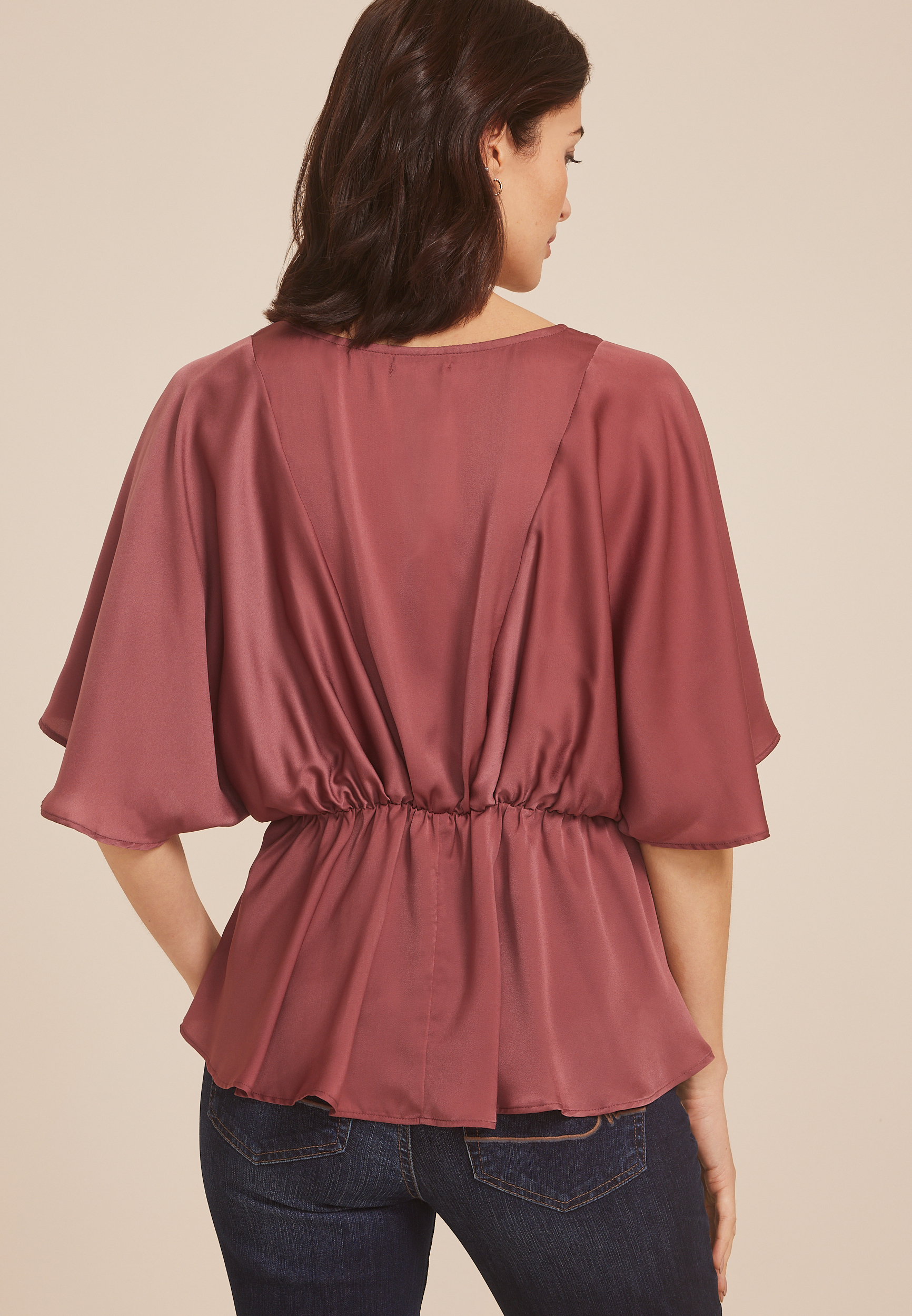 Satin Dolman Sleeve Peplum Blouse