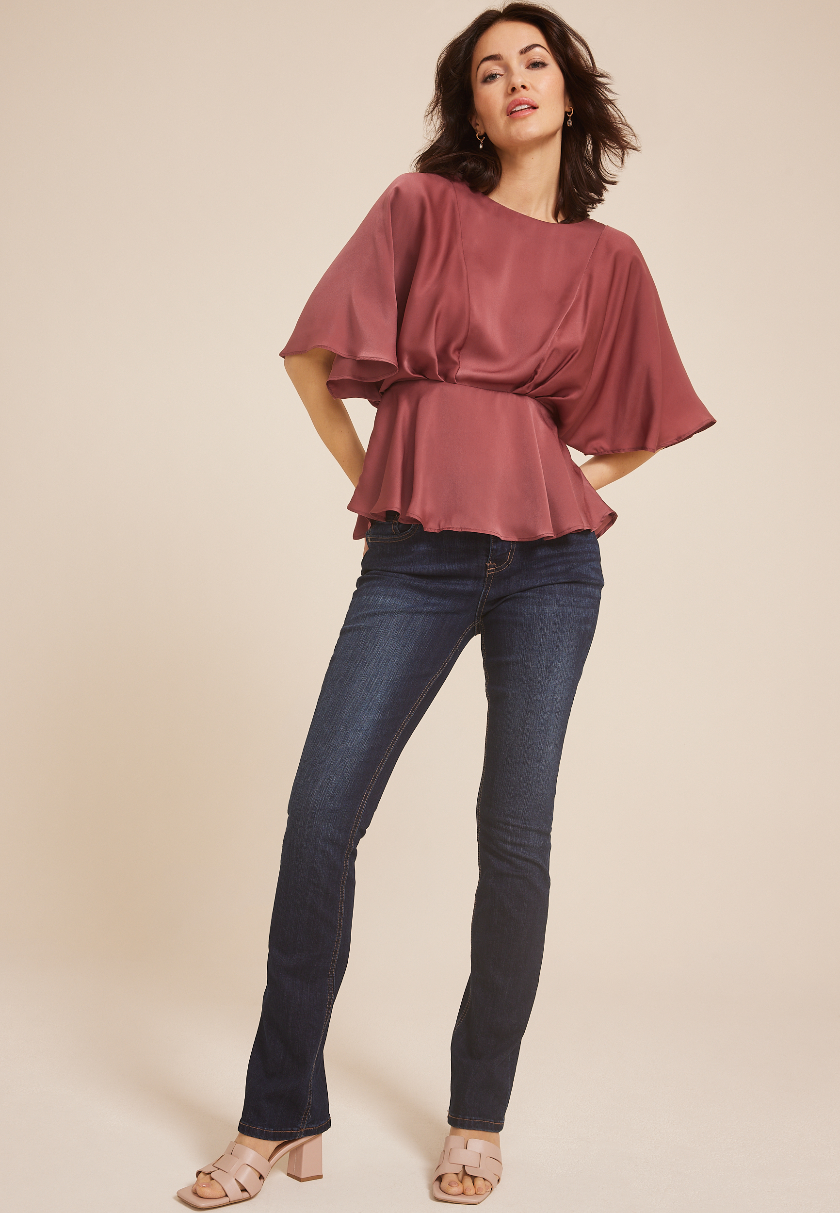 Satin Dolman Sleeve Peplum Blouse