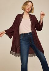 Crochet Trim Curve Hem Kimono, BROWN RUM, small