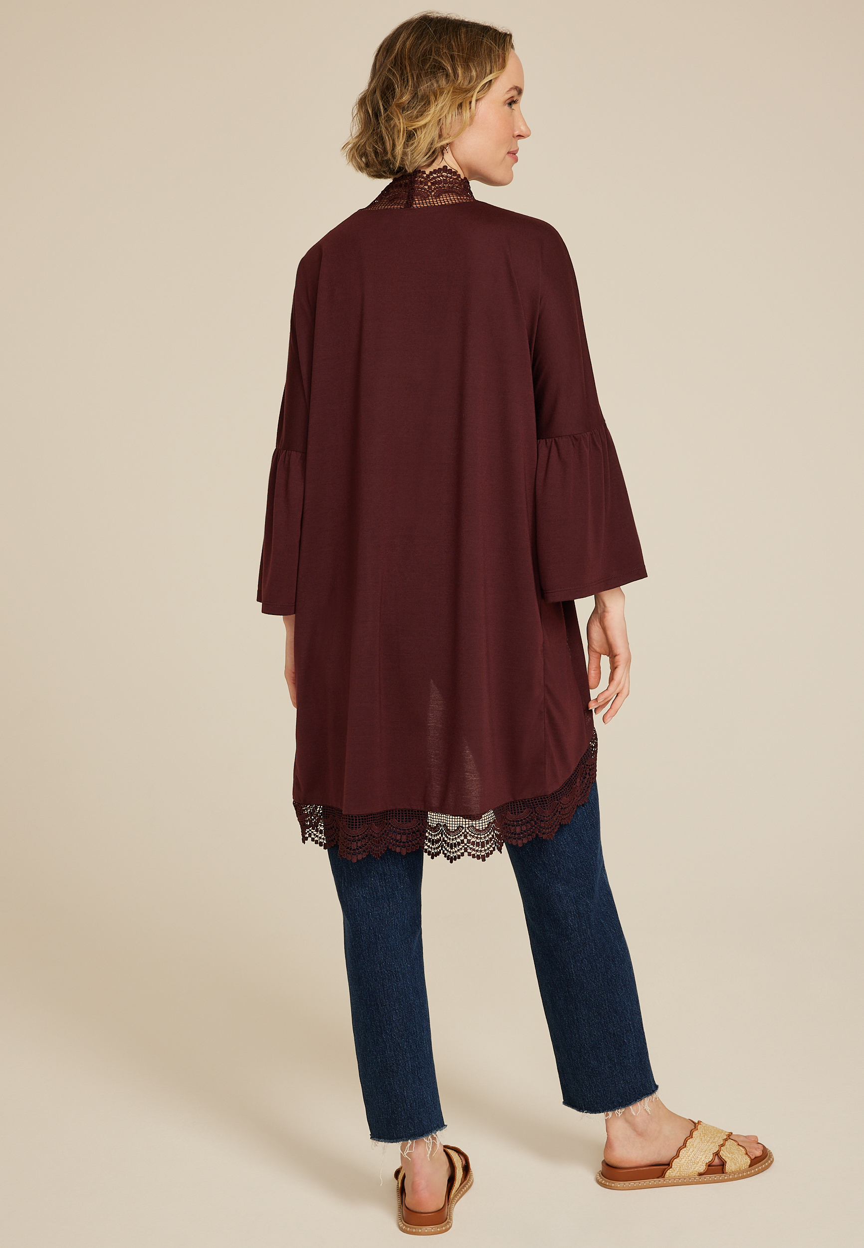 Crochet Trim Curve Hem Kimono, BROWN RUM, large