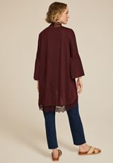 Crochet Trim Curve Hem Kimono, BROWN RUM, small