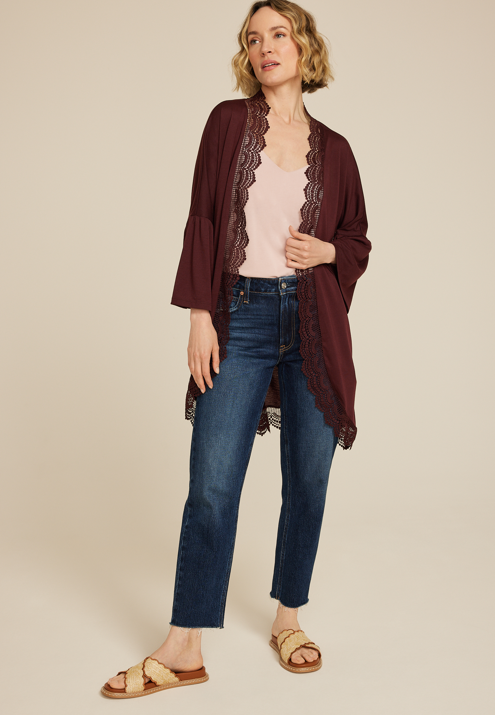Crochet Trim Curve Hem Kimono, BROWN RUM, large