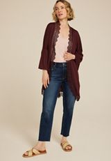 Crochet Trim Curve Hem Kimono, BROWN RUM, small