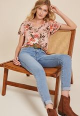 Pink Floral Flutter Sleeve Tee, C9370, small